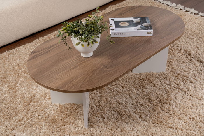 Nordure Mesa de Centro Sable Walnut, White. Mesa de Salón Elegante con Tablero de Partículas Recubierto de Melamina de 18mm en Color Nogal y Blanco.